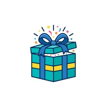 A teal and yellow gift box with a blue ribbon and confetti explosion, isolate Stock Illustration