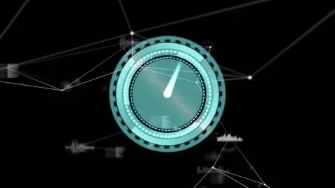 Teal arc sweeping initiating circular gauge rotating pointer pulsing segments Stock Footage 320127589