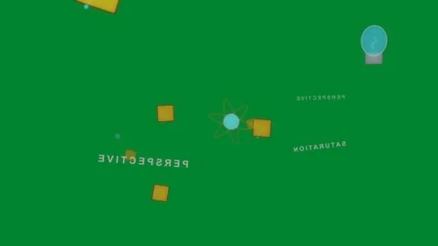 Teal atom pulsing, yellow squares orbiting labels, illustrating design flow on Stock Footage 329572561