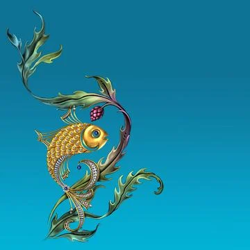 Teal Background Gold Fish Stock Illustration
