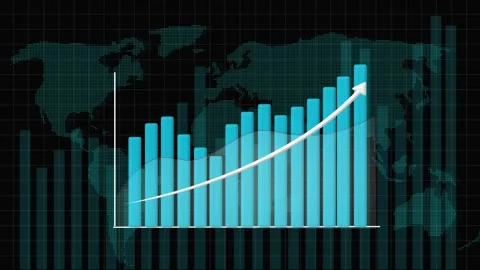 Teal bar graph and line chart overlaying a dotted world map, Animated busin.. Stock Footage 332664101