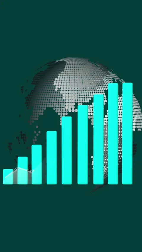 Teal Bar Graph with Dotted Globe animated Background and Trend Line chart d.. Stock Footage 337459124