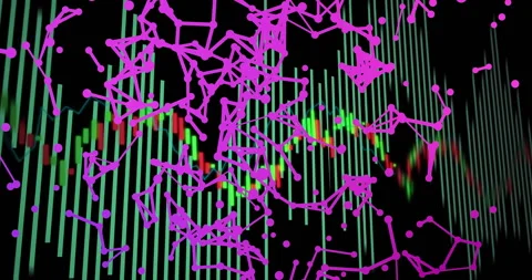 Teal bars and chart emerging, particles linking into magenta network Vídeo Stock 310140662