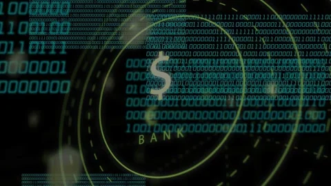 Teal binary panels sliding in, stacking and obscuring BANK around central $ Stock Footage 333859628