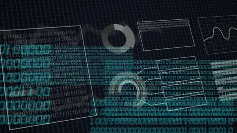 Teal binary ribbon emerging from left, sweeping right, revealing dashboard Stock Footage 335651617
