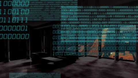 Teal binary stream fading in from edges, holo panels forming, sliding, stacking Stock Footage 334322065