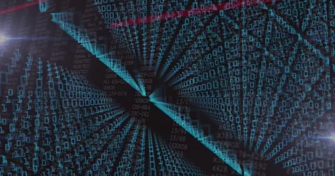 Teal binary tunnel rotating around center, view shifting, red scans rising, Stock Footage 328685213