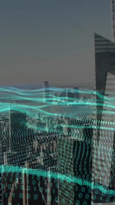 Teal binary wave emerging lower frame, sweeping skyline, rising over roofs, Vídeos de archivo 330982087