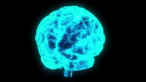 Teal Bitmap Brain Animation Holograph Pulses and Rotating Sci-Fi Future AI Vídeo Stock 308418510