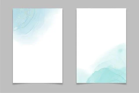 Teal blue and mint colored liquid watercolor background with gold stains and Illustrazione stock