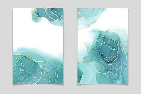 Teal blue and mint colored liquid watercolor background with gold stains and Stock Illustration