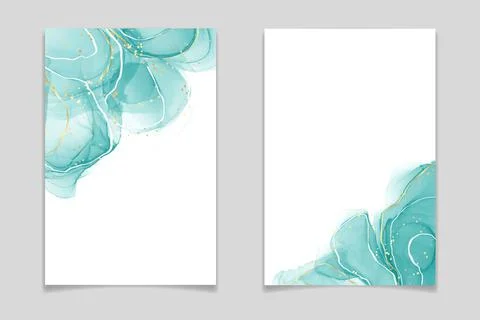 Teal blue and mint colored liquid watercolor background with gold stains and Stock Illustration