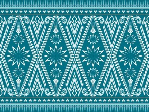 Teal Blue Thai Fabric Pattern Floral Geometric Traditional Woven Seamless Design Ilustração Stock
