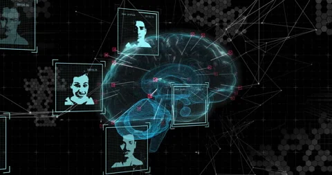 Teal brain appearing, profiles emerging, red nodes linking faces, data lines Stock Footage 312482843