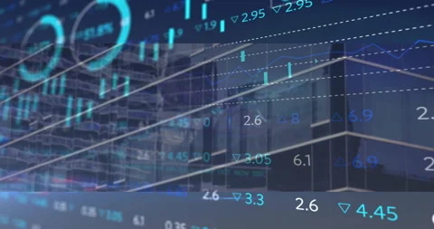 Teal candlestick bars sliding in, trend line tracing, gauges filling, Stock Footage 314745164