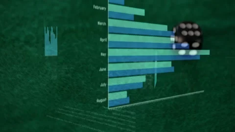 On teal chart appearing, black dice rolling on green felt while charts Stock Footage 328656665