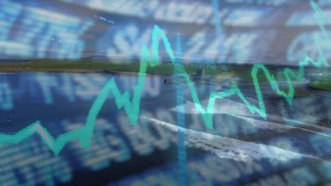 Teal chart appearing, fluctuating with scrolling ticker, overlay showing market Stock Footage 321978884