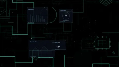 Teal circuit lines sending data from left, HUD panels sliding, updating to show Stock Footage 335404260