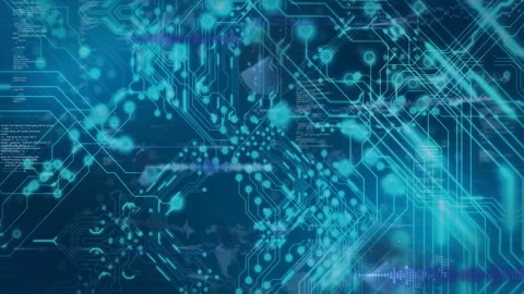 Teal circuit network expanding after sync pulse, pulses moving and code Stock Footage 328684730