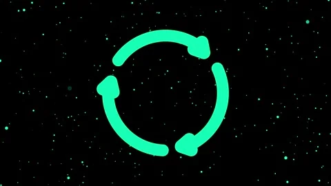 Teal circular arrow icon on starry dark background showing cycle, refresh, .. 動画素材 318056630