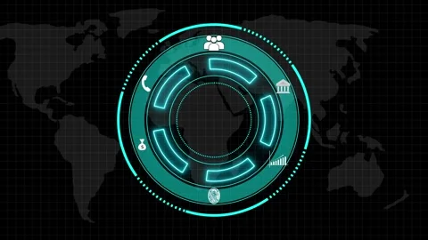 Teal circular HUD interface with world map. Digital HUD interface for globa.. Stock Footage 337368993