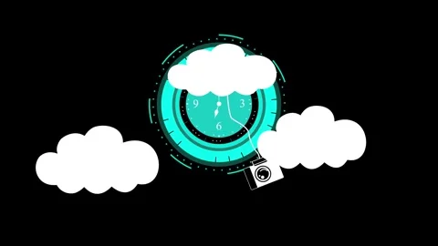 Teal clock with clouds and hanging camera animation, Stylized clock face wi.. Stock Footage 334762443