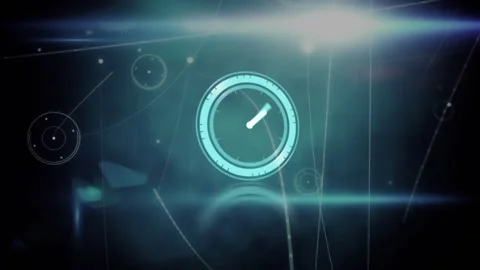Teal clock emblem glowing and rotating, hands shrinking, outer arc forming, Stock Footage 330564018