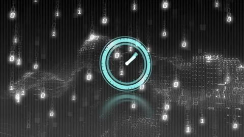Teal clock icon rotating as binary rain initiating ring spinning hand detaching Stock Footage 321824926