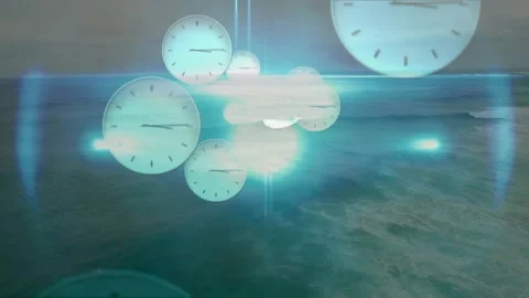 Teal clocks drifting inward over ocean horizon, central flare pulling clocks Stock Footage 331045866