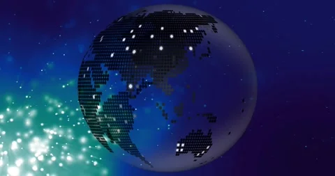 Teal cloud emitting at left initiating pixel globe rotating clockwise, nodes Stock Footage 328225058