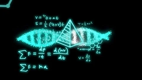 Teal cloud starting spread, dots forming helix, pyramid rising, formulas Stock Footage 334337571