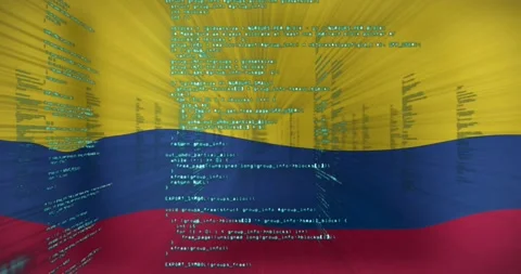 Teal code column appearing, stretching and converging over waving tricolor flag, Stock Footage 329533551
