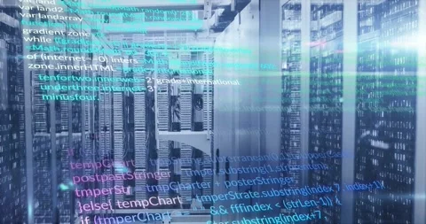 Teal code overlay appearing on server-rack aisle, scrolling and brightening, Stock Footage 333774273