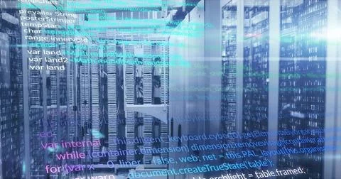 Teal code overlay appearing on server-rack aisle, scrolling and brightening, 写真素材