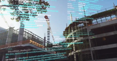 Teal code overlay appearing, tower crane shifting jib while HUD scrolling, Stock Footage 332288663