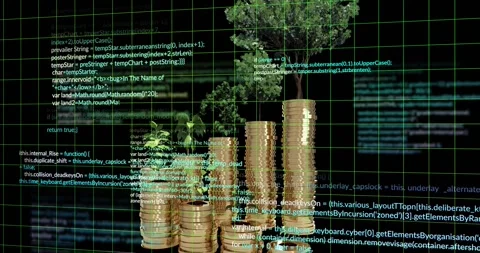 Teal code scrolling in overlaying coin stacks topped by plants fading off Stock Footage 318238125