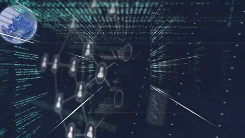 Teal code starting nodes multiplying into network in tunnel, cards moving Stock Footage 334729273