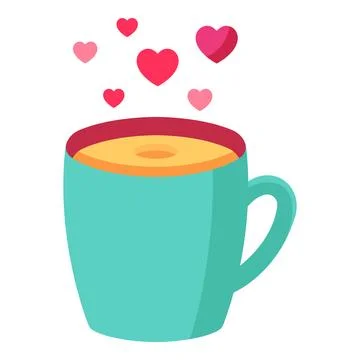 Teal coffee mug with warm beverage showing steam as red and pink hearts rising Stock Illustration