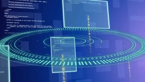 Teal concentric ring HUD appearing pulsing rotating panels rising binary Stock Footage 335732061