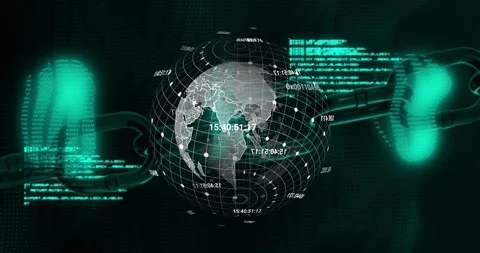 Teal core emerging, wireframe globe rotating, showing nodes and arcs, HUD Stock Footage 329454401
