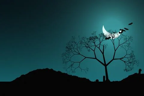 Teal crescent moon over graveyard silhouettes and flying bats creating eeri.. Ilustração Stock