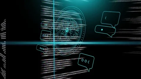 Teal crosshair appearing, code sliding, AI emblem pulsing, chat bubbles Stock-Footage 335761789