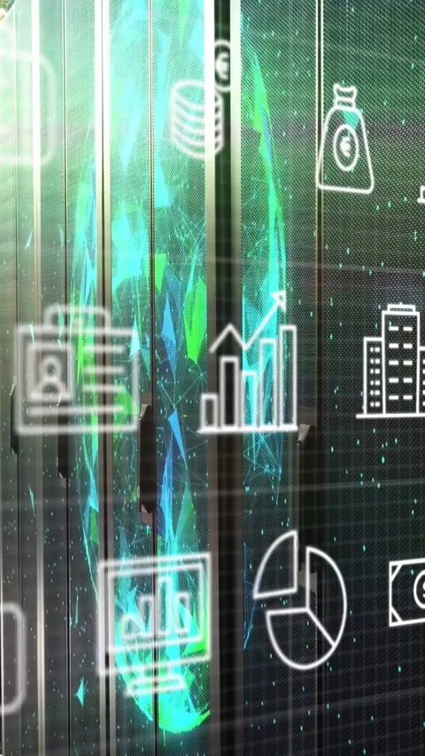 Teal crystalline column rotating and pulsing, initiating financial icons Stock Footage 332747873
