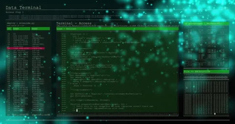 Teal cyan particles drifting behind multi-pane interface fading with code Stock Footage 311126326