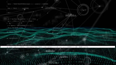 Teal data mesh pulsing and rippling while code updating, framing lines, Stock Footage 333719843
