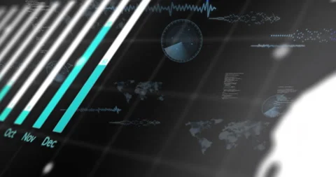 Teal diagonal bar chart animating on dark grid, showing world map, radar, code Video stock 309106359