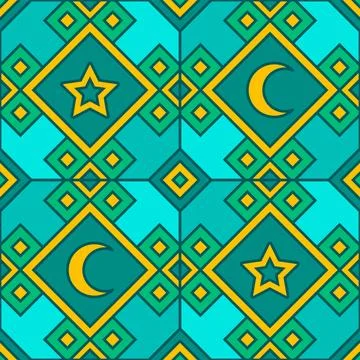 Teal diamond pattern is repeating in flat style with yellow stars, moons on 스톡 일러스트