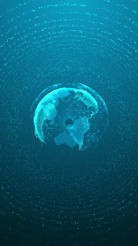 Teal digital globe data dotted orbital tunnel, connected world map, and futurist Stock Footage 340556738