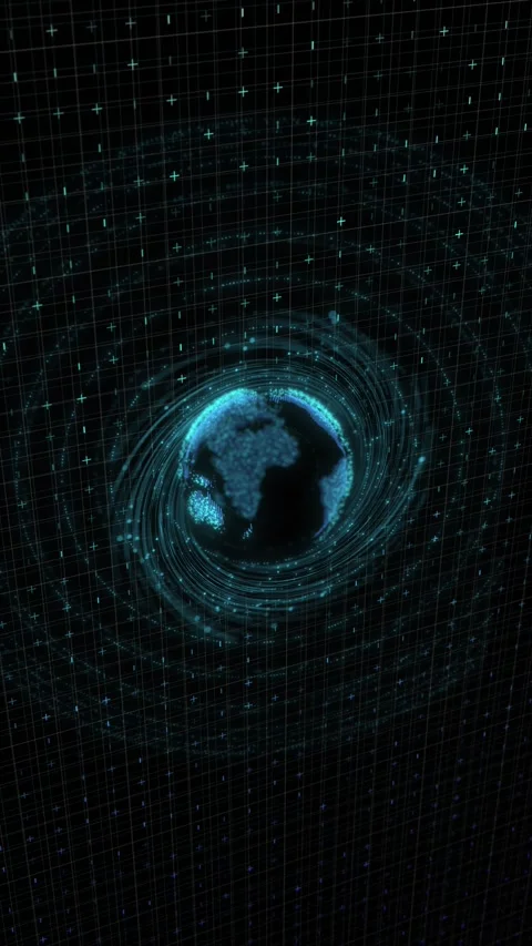 Teal digital globe grid background with circular HUD rings, glowing map surface, Stock Footage 340552573