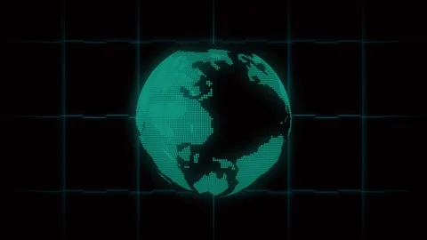 Teal digital globe in neon blue square frame on grid. Digital globe world. .. Stock Footage 337130676